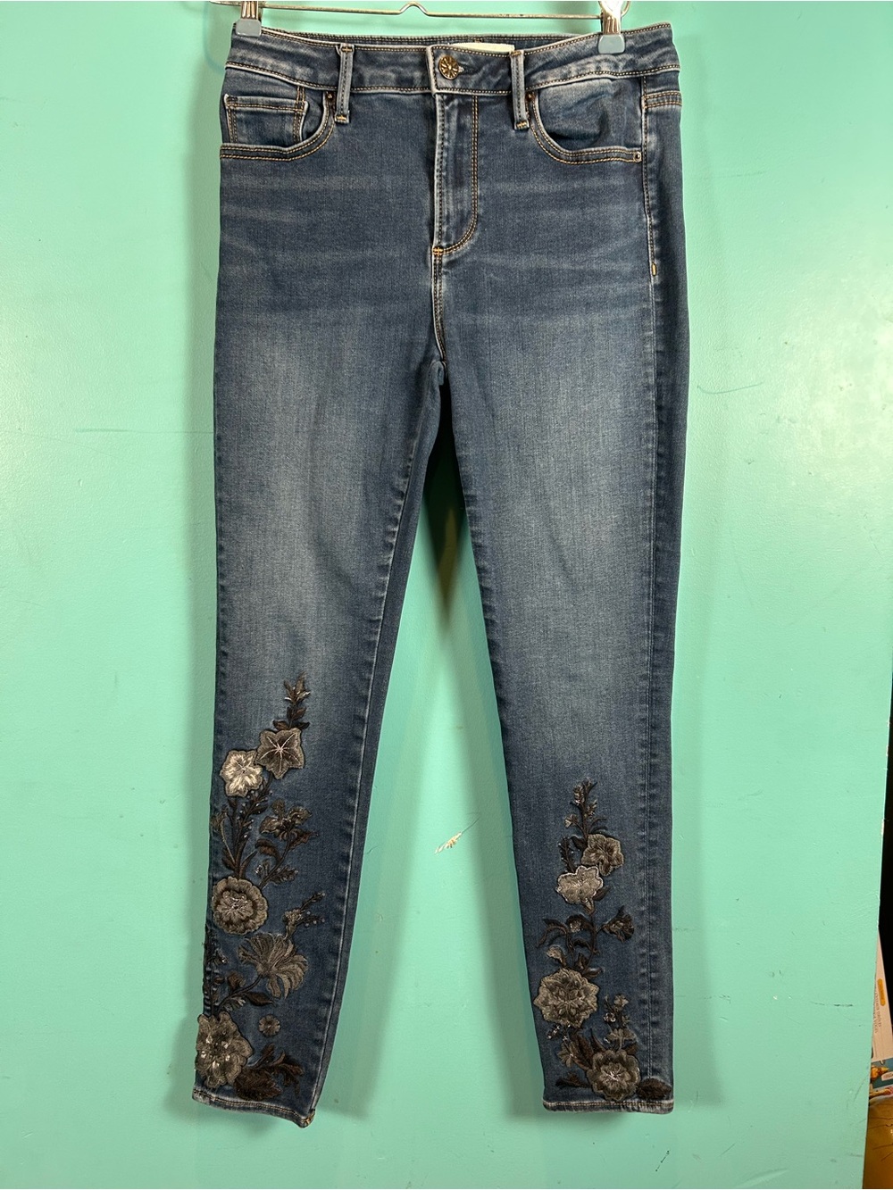 DRIFTWOOD Jackie Dark Blue Skinny Jeans with Floral Embroidery